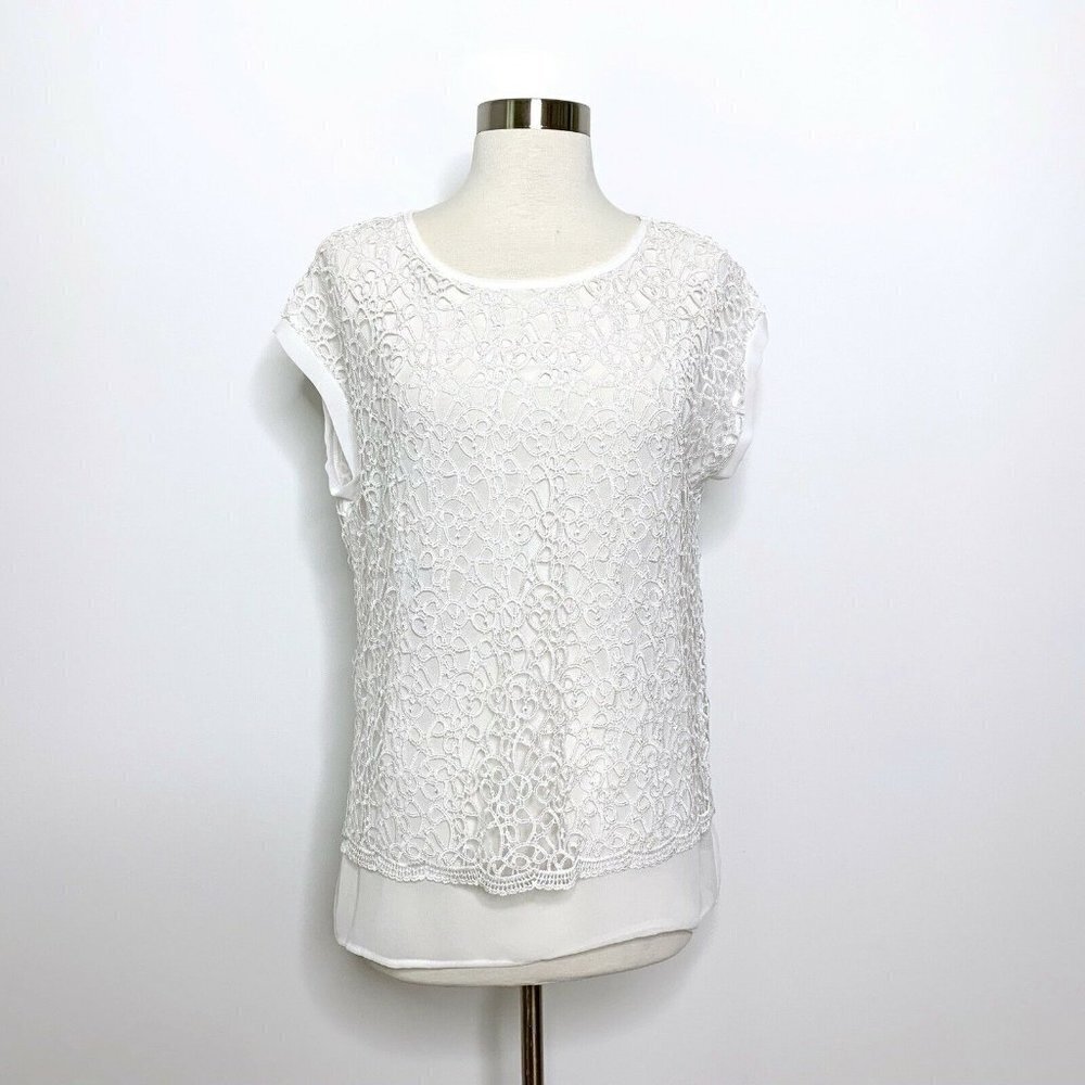 NWT Conrad C Collection White Lace Overlay Top‎ X-Small Women Dolman Cap Sleeve
